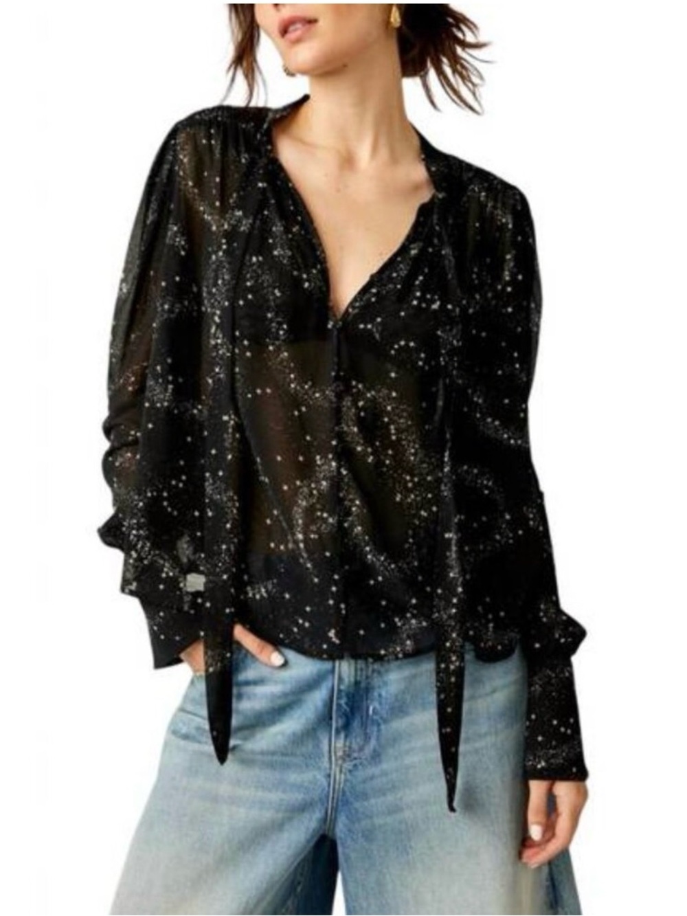 Free People | Black Constellation Top w Neck Tie, XL